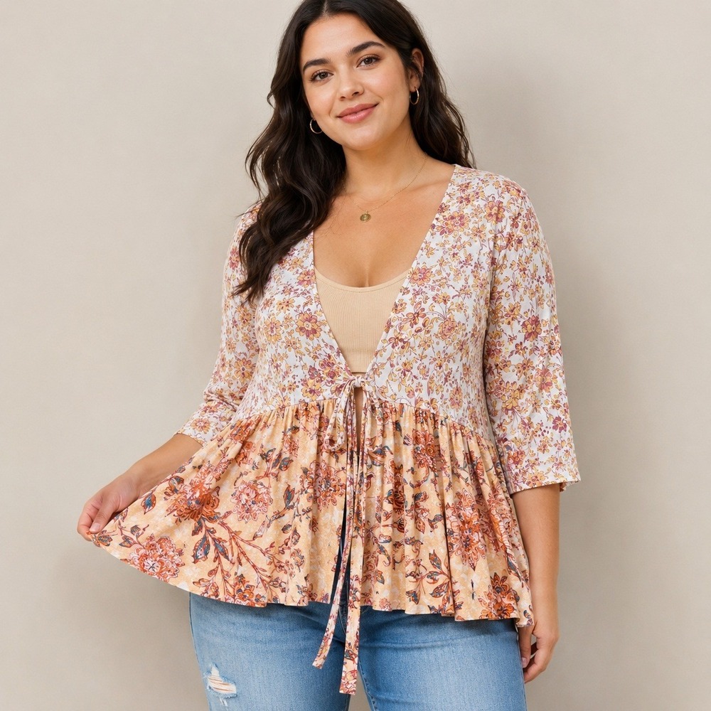 Torrid Floral Tie Front Babydoll‎ Top 3/4 Sleeve Peplum Plus Size 0 L XL Orange